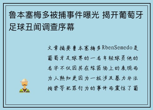 鲁本塞梅多被捕事件曝光 揭开葡萄牙足球丑闻调查序幕