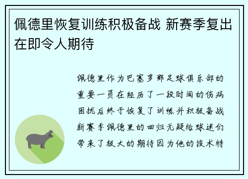 佩德里恢复训练积极备战 新赛季复出在即令人期待