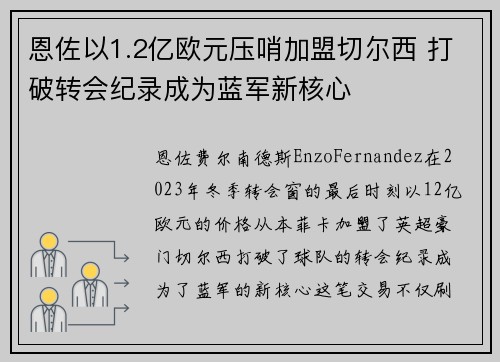恩佐以1.2亿欧元压哨加盟切尔西 打破转会纪录成为蓝军新核心